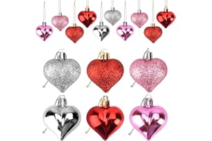 Valentines Day Decorations 24 Pieces Heart Shaped Ornaments Glossy and Glitter Hanging Heart Baubles Valentines Day Decor for