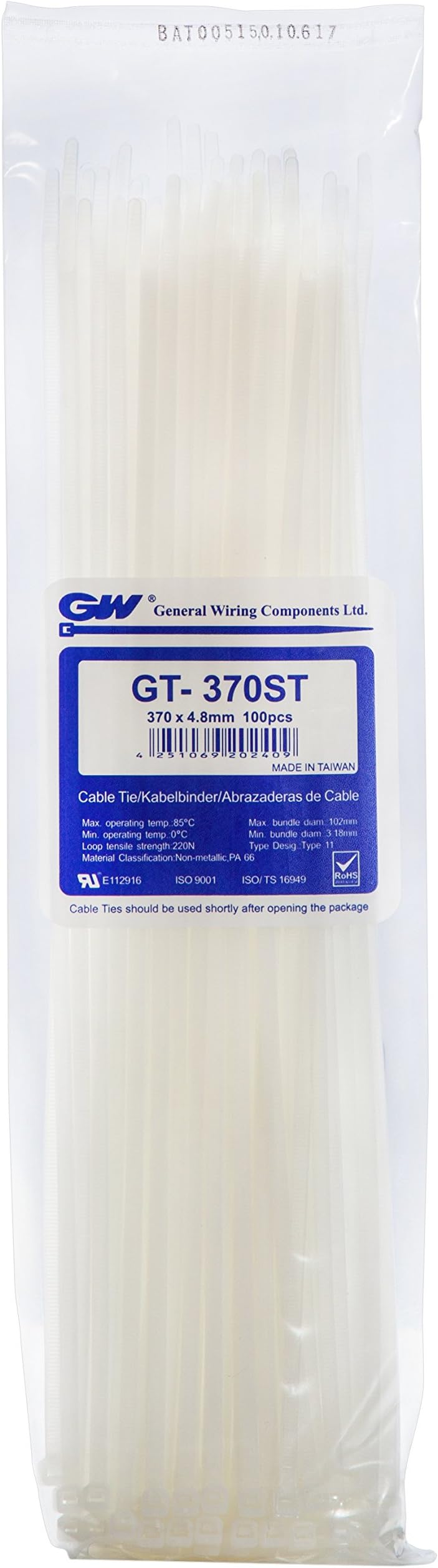 GW Wiring Products, Cable Tie 370 x 4.8 mm, Natural, 100 pcs, GT-370STC, Set of 100 Pieces