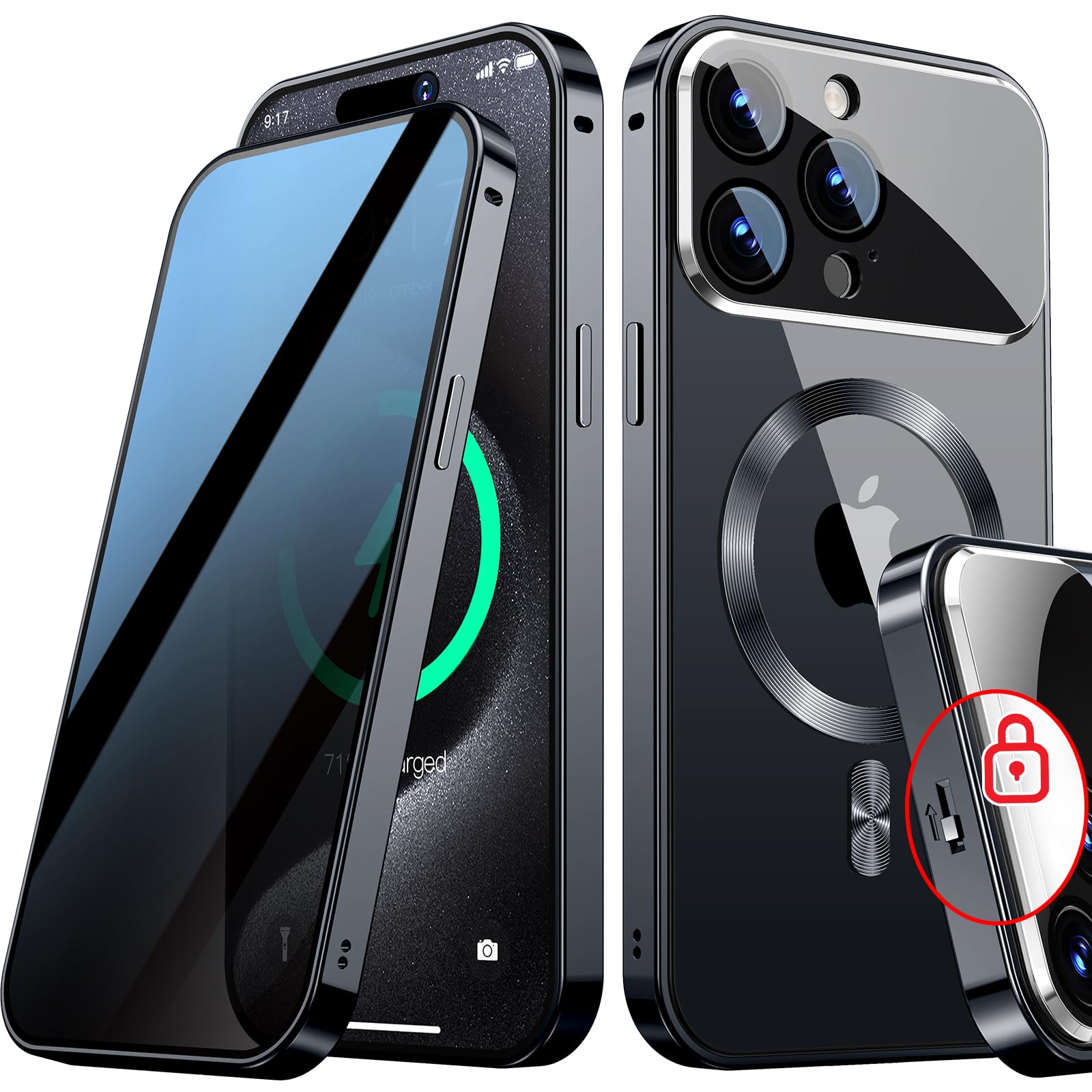 Photo 1 of [Full Camera Protection& Mechanical Lock]Magnetic Privacy Case for iPhone 15 Pro Max[Compatible with MagSafe][CD Metal Ring] Full Body Shockproof Metal Bumper, 9H Anti Peeping Glass Cover-Black