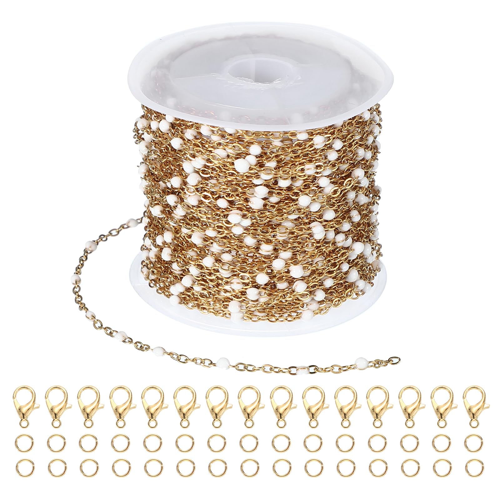 PATIKIL Stainless Steel Jewelry Chain, 33Ft 1.5mm White Beaded Link Cable Chains for Necklace Earring Bracelet Findings Jewelry Making Trucker Hat Chains, Gold/White