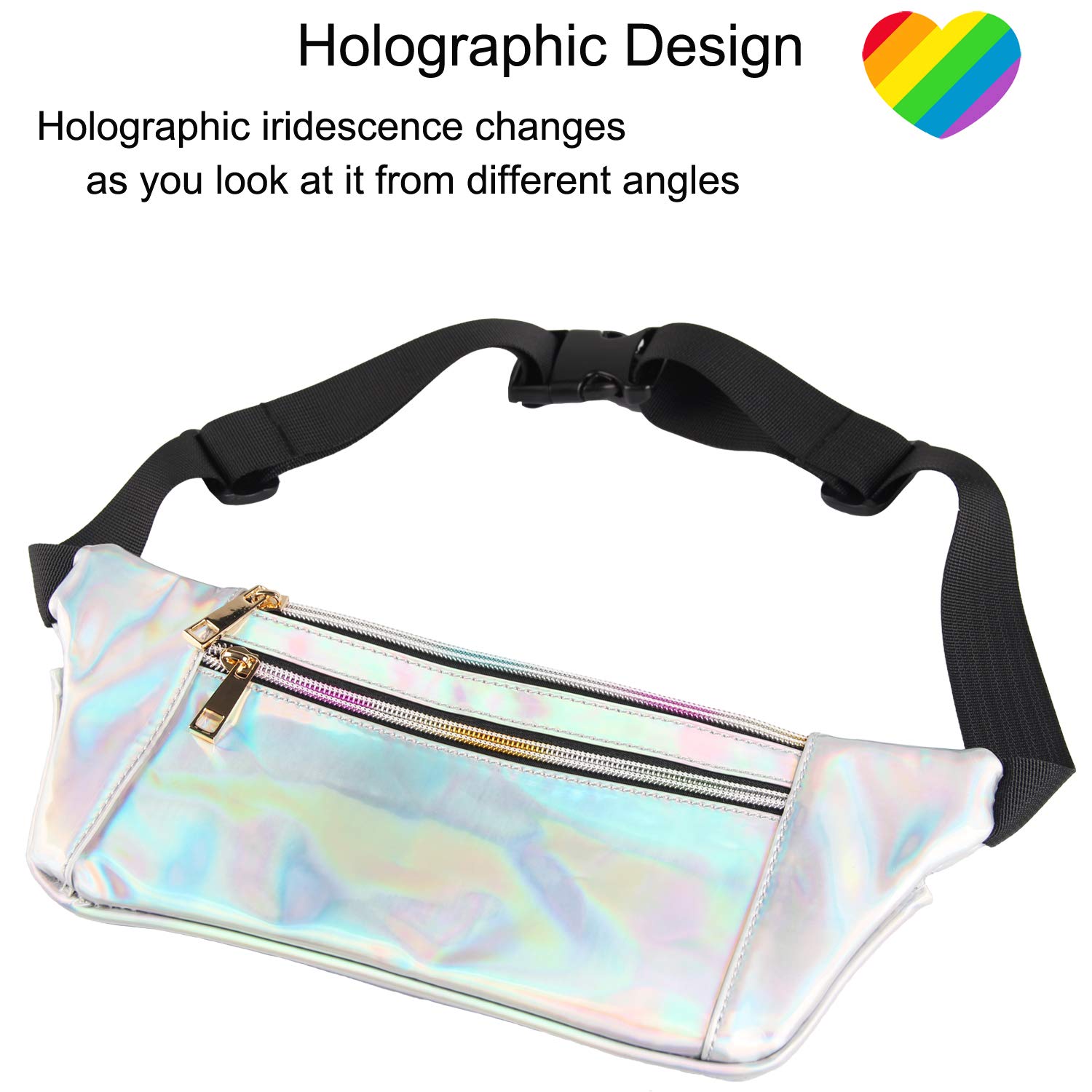 Fanny Pack Waist Bag Women Bum Pouch Pocket Cute Holographic Shiny Iridescent Adjustable Belt Travel Running (Silver)
