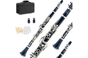 Ktaxon Bb Flat Clarinet, Mid-range Bakelite Beginner & Student Clarinet, Nickel-Plated 17 Keys B Tone Clarinets with Hard Case, Gloves, 2 Mouthpieces Connector (Blue)