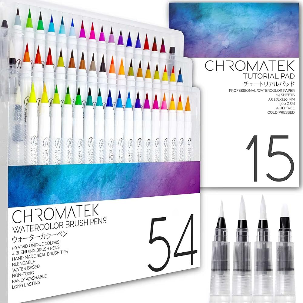 CHROMATEK Watercolour Brush Pen Set 54 50 Colors with Tutorial Pad & Video