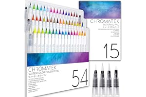 CHROMATEK 54 Watercolor Pens Set | Including 15 Page Pad & Online Video Tutorial Series | 4 Aquapens & 50 Unique Colors | Brush Pens | Easily Blendable, Vivid, Smooth | Professional Art Supplies