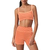 Yanekop Womens Striped Workout Set Two Piece Yoga Sets Activewear | Stretchy Soft Activewear Sets, 2 Piece Summer Matching Set, Sport Bra and High Waisted Biker Shorts with Pocket for Gym