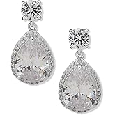 ANNE KLEIN Silver and Crystal Post Back Earring Featuring Pear Shaped Drop with Crystal Accents