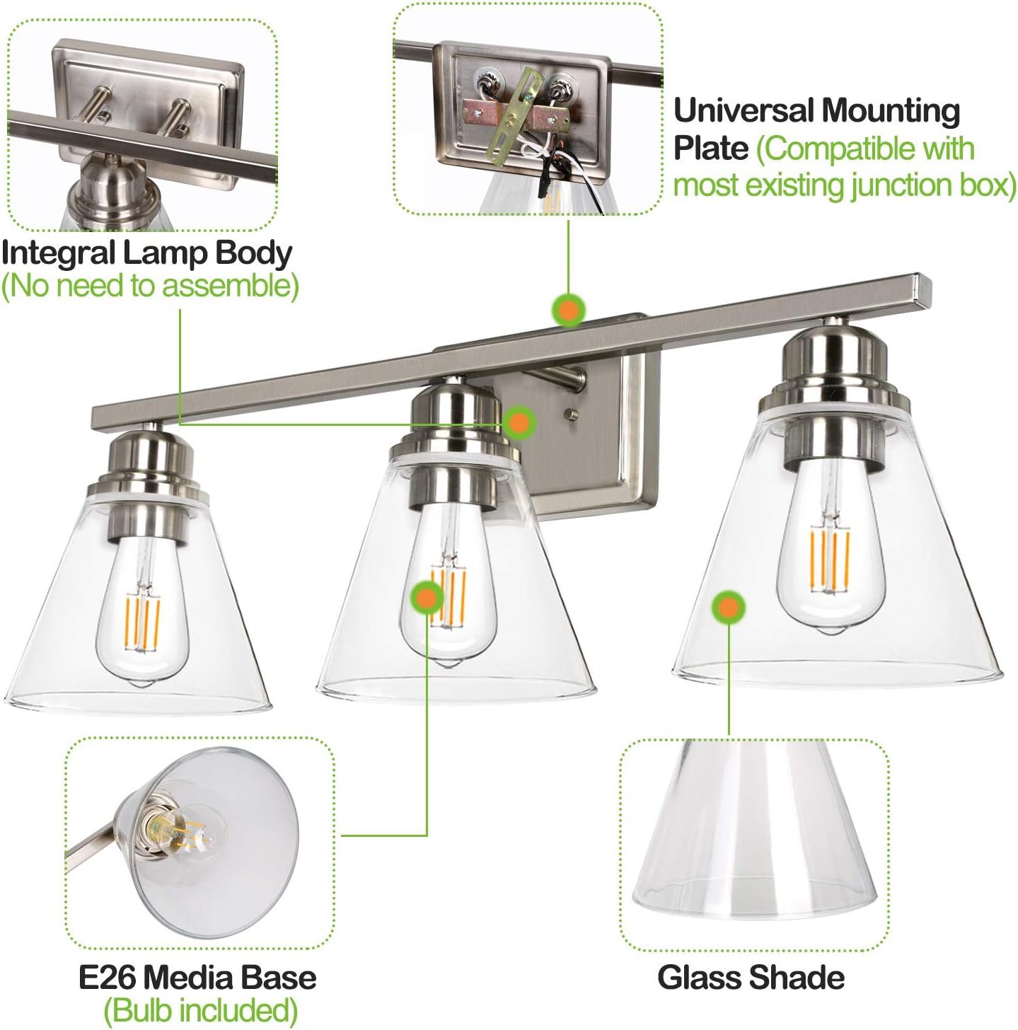3-Light Bathroom Light, Led Edison Bulbs Included, Brushed Nickel Vanity Light Fixtures, Bathroom Wall Sconce Lighting with Clear Glass Shades, ETL Listed - - 