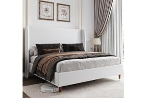 Jocisland Queen Upholstered Platform Bed Frame with 51.2" Tall Wingback Headboard–Solid Wood Legs, No Box Spring Needed, White Linen–Modern Style for Any Bedroom