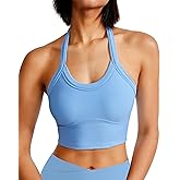 Halter Sports Bra Longline Open Back Workout Top Ribbed Crop Tank Tops with Built in Bra Gym Yoga Push Up
