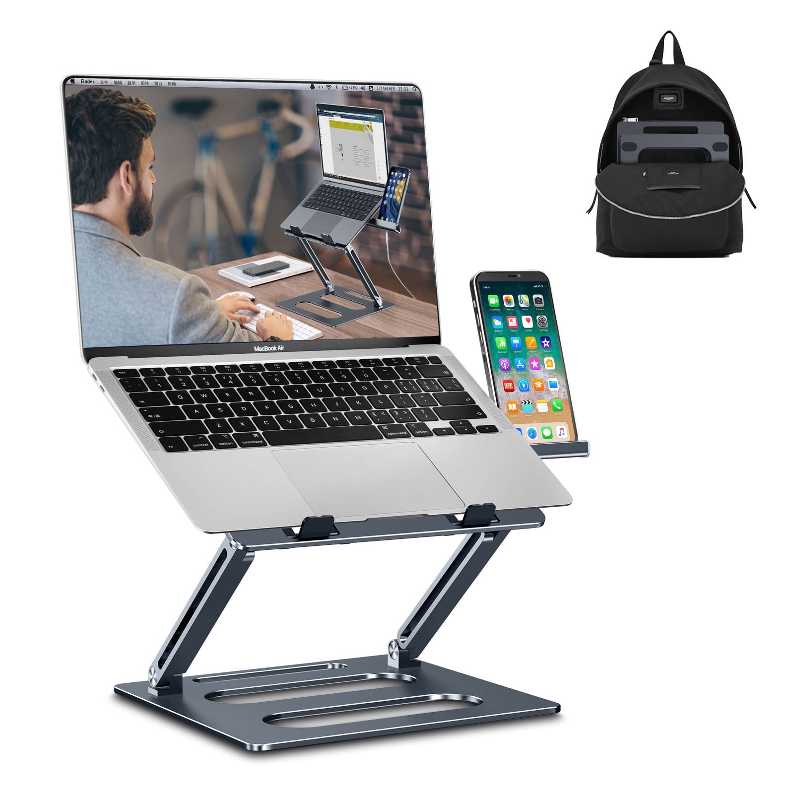 xuenair Adjustable Laptop Stand for Desk, Portable Laptop Phone Holder, Foldable Computer Stand for Macbook Pro Air Dell Hp More 10-17 inch Laptops -Grey