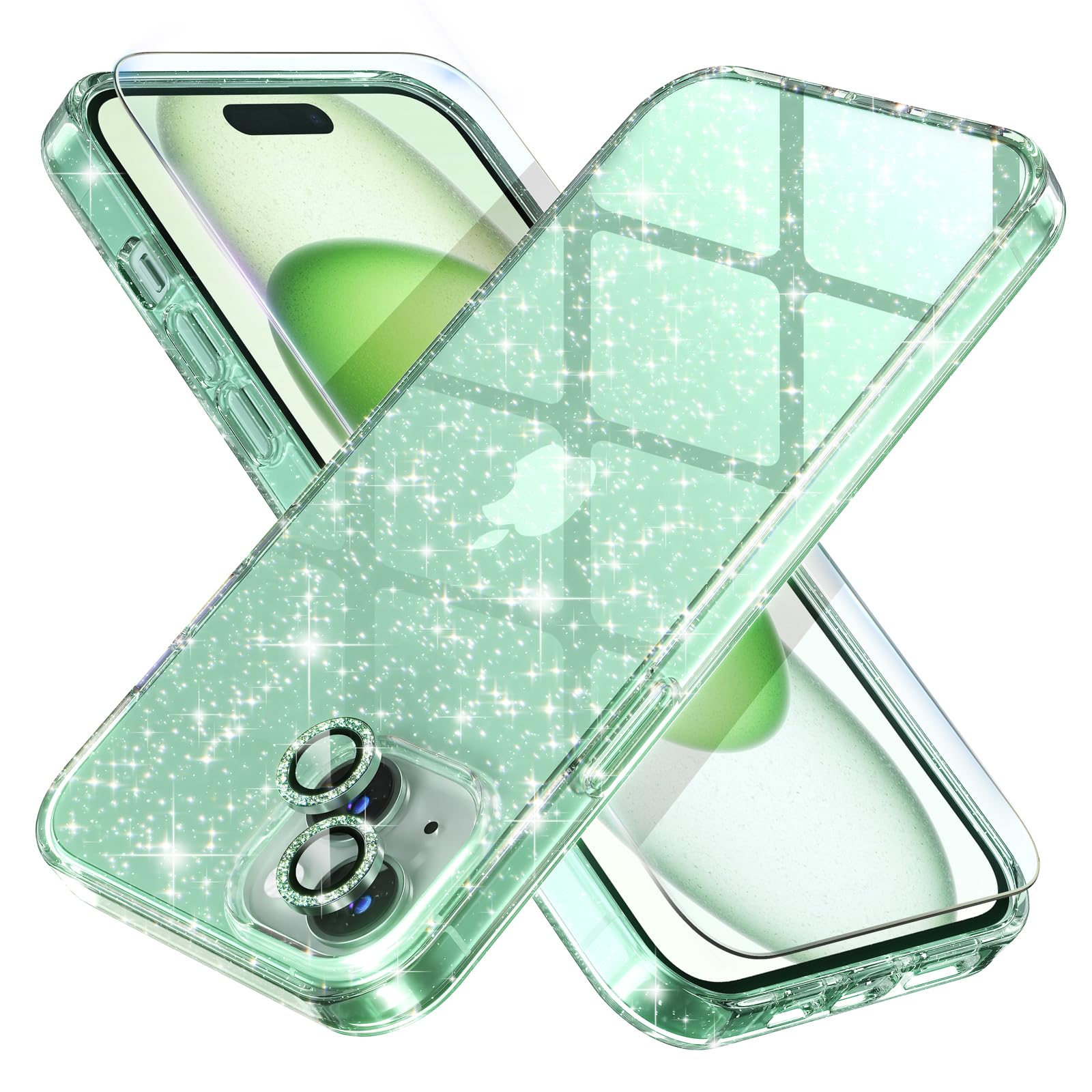 Choiche Compatible for iPhone 15 Plus Case Women Phone Case, Cute Bling Sparkly, Military Grade Drop Protection, 2 Diamond Camera Lens Covers, 2 Tempered Glass Protectors, 6.7 inch (Glitter Green)