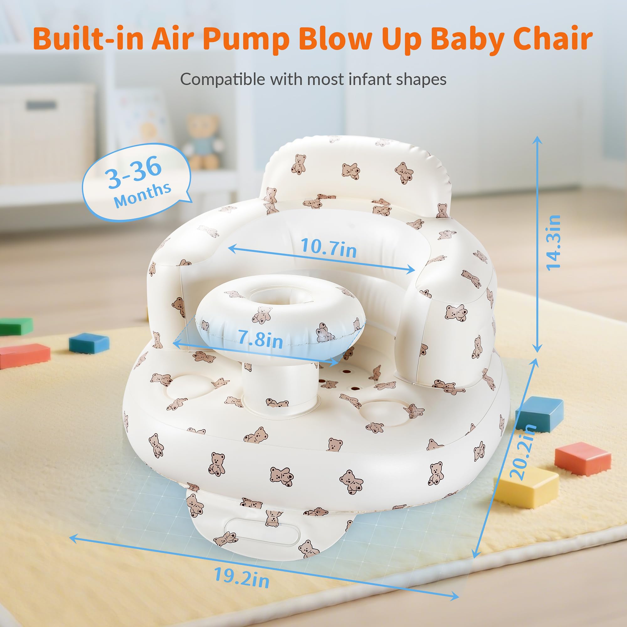 Inflatable Baby Seat with Tray, Comfortable Sit Me Up Floor Seat for Baby Learning to Sit, Portable Built in Air Pump Blow Up Baby Chair，Sitting Support Infant Chair for 3 Months Up (Bear Cub)