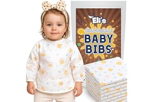 Eli with Love Disposable Bibs Individually Wrapped, Long Sleeve Bib with Crumb Catcher - Waterproof Baby Bibs For Feeding (10 pack) (Happy Bear)