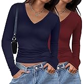 Zeagoo Women 2 Pack Long Sleeve Shirts V Neck T Shirts Casual Thermal Tops Slim Fit Basic Tight Tees Going Out Top