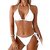 TASHEHE Women's Triangle Bikini Set Sexy String Halter Swimsuit Cute Ruffle Trim Two Piece Bathing Suit