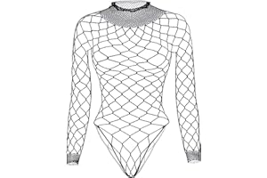 Tosmifairy Fishnet Bodysuit Top for Women Stretch One Piece Long Sleeve Mesh Rave Romper Body Suit