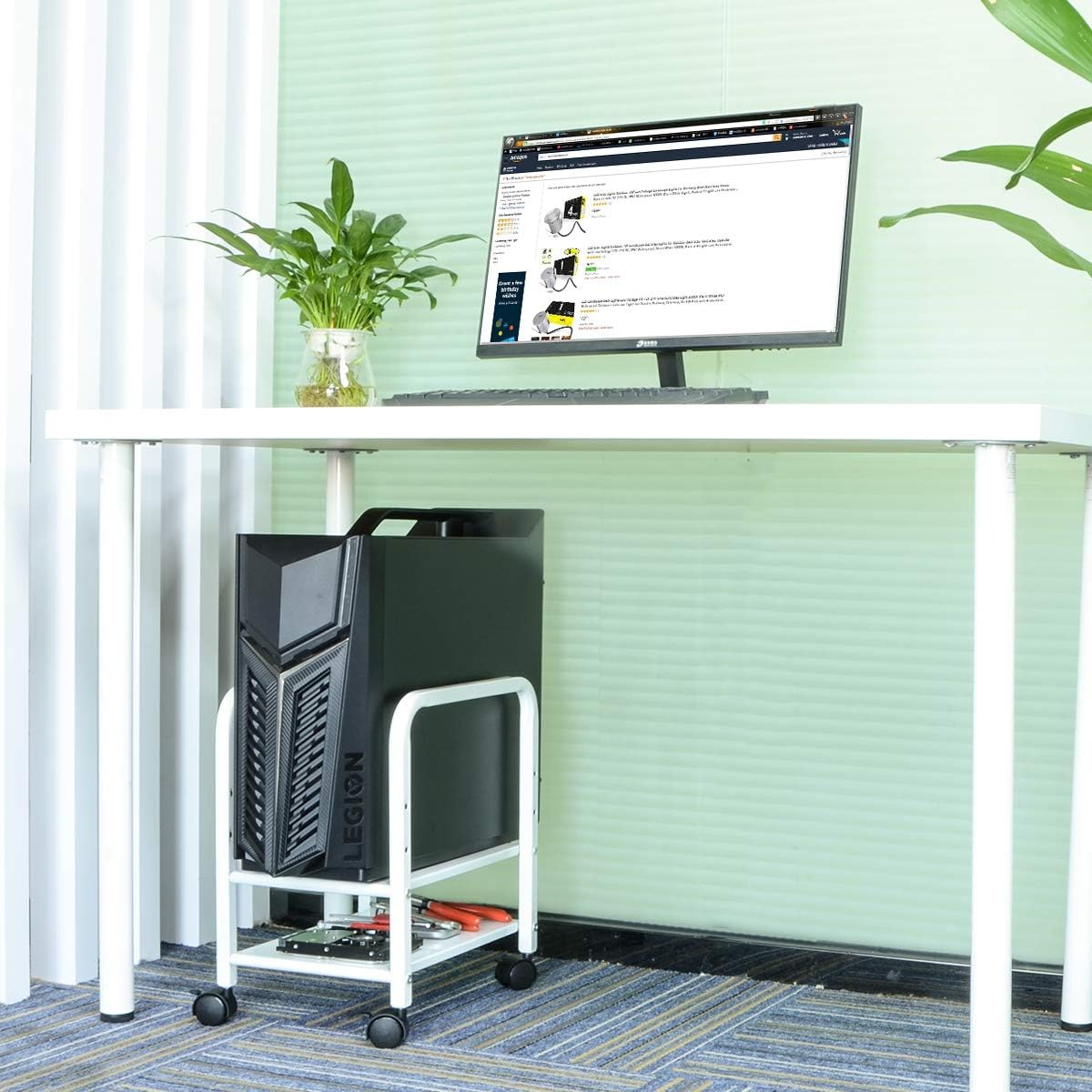 Computer Tower Stand, Desktop ATX-Case CPU Holder, 2-Tier Adjustable Steel Rolling Stand for ATX-Case Under 8.6" Wide, Mobile Tower Case Stand Cart with Locking Caster Wheels for Office Home, White: Office Products