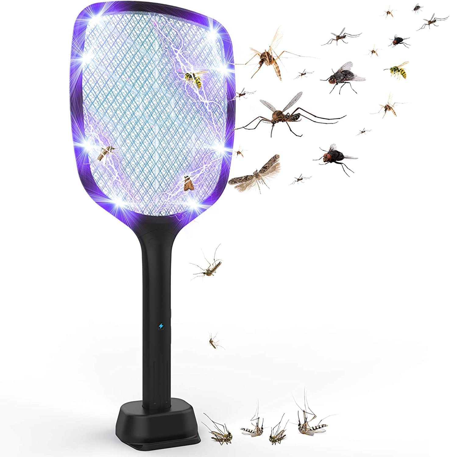 Photo 1 of 2 in 1 Electric Fly Swatter & Mosquito Killer Lamp with 4000V Effective Powerful Grid, Rechargeable Bug Zapper for Home, Camping, Indoor/Outdoor Pest Control, with Double Safety Mesh, LED Light Black