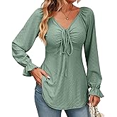 AMOMA Women Casual Tie Front Ruched Drawstring Long Sleeve Jacquard Shirt Elegant Flowy Tunic Tops(L,LightGreen)