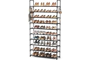 Oillase 10 Tier Shoe Rack Tall Large Capacity 50 Pair Wide Shoe Organizer with Two Hooks Sturdy Metal Shoe Shelf for Entryway