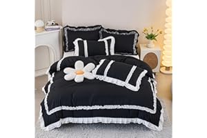 SOUKECHY Chic Lace Bedding,Girls Twin Aesthetic Comforter Cover Set,Cute Princess Style Ruffled Duvet Cover with 2 Layers Ruffles, Zipper Closure-Black,Twin