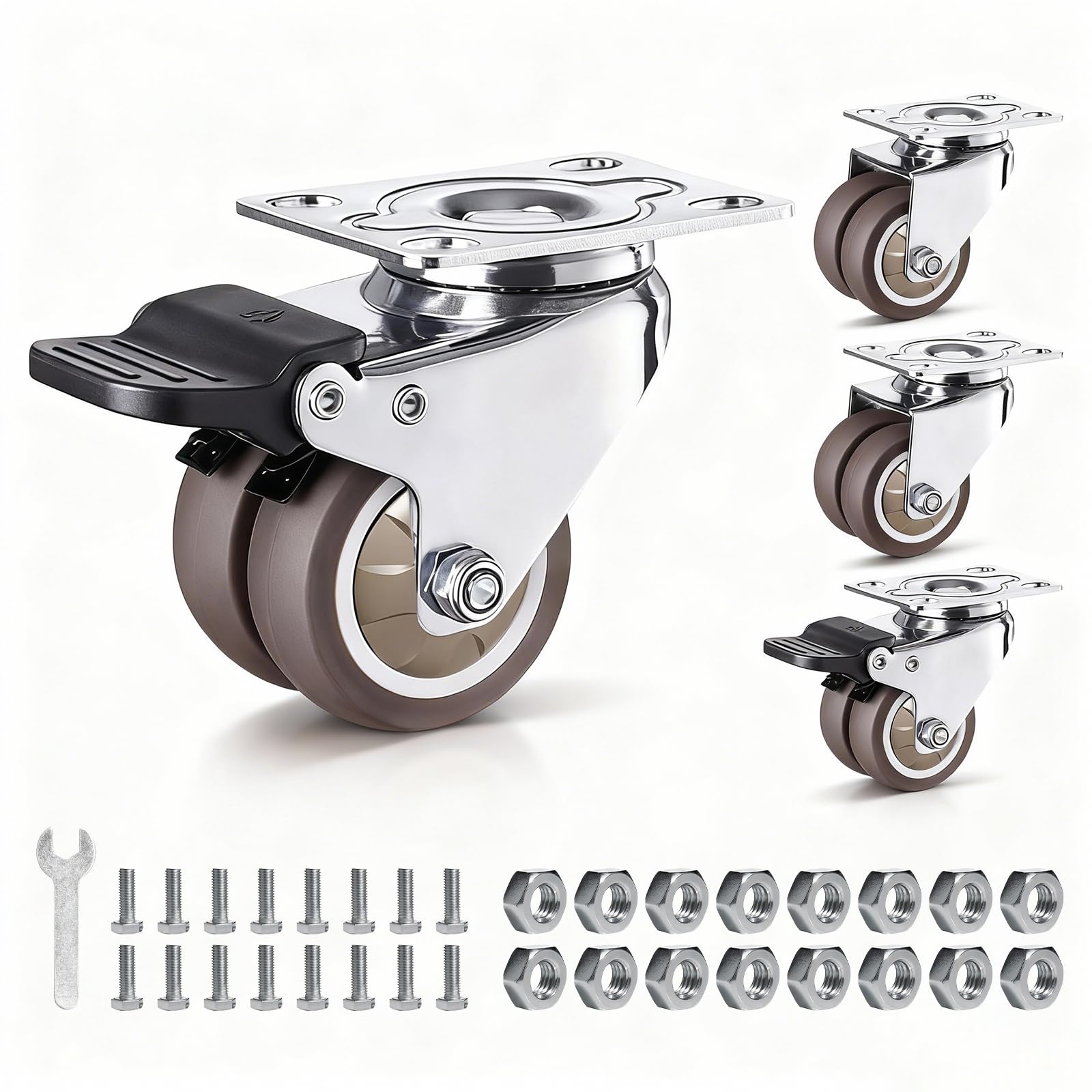 Photo 1 of 1.5 Inch Double Wheel Swivel Caster Wheels Set of 4, 396LBS Load Capacity, Rubber Caster Wheels, Furniture Casters for Cabinet, Table, Workbench (2 with Brake and 2 Without)