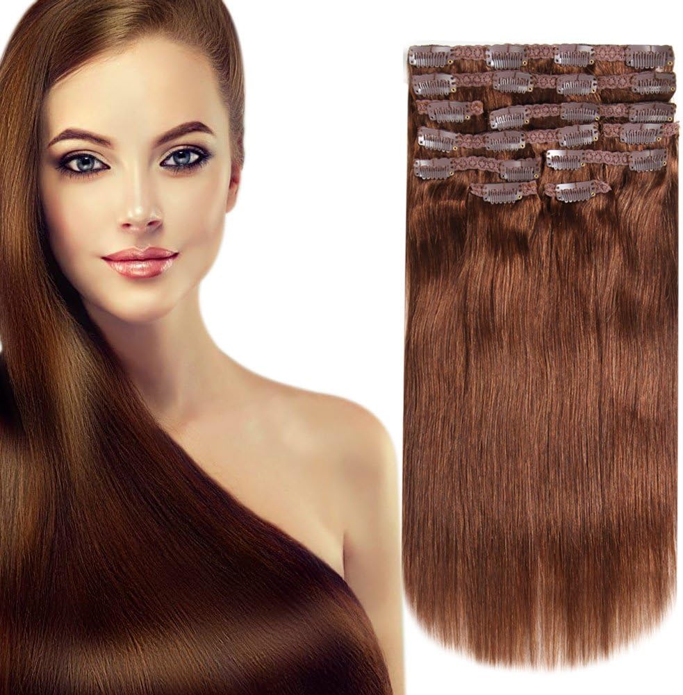 HEESAGA Clip in Real Human Hair Extensions, 14 Inch 120 Grams/4.2 Ounce 10 Pieces with 22 Clips per Set (#4 Medium Brown)