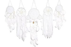 FeelfunFeather 5 Pack Dream Catchers Sun Moon Design Large Handmade Boho Wall Hanging Ornament with Decorative Feathers for Boys Girls Bedroom Living Home Decoration (White)