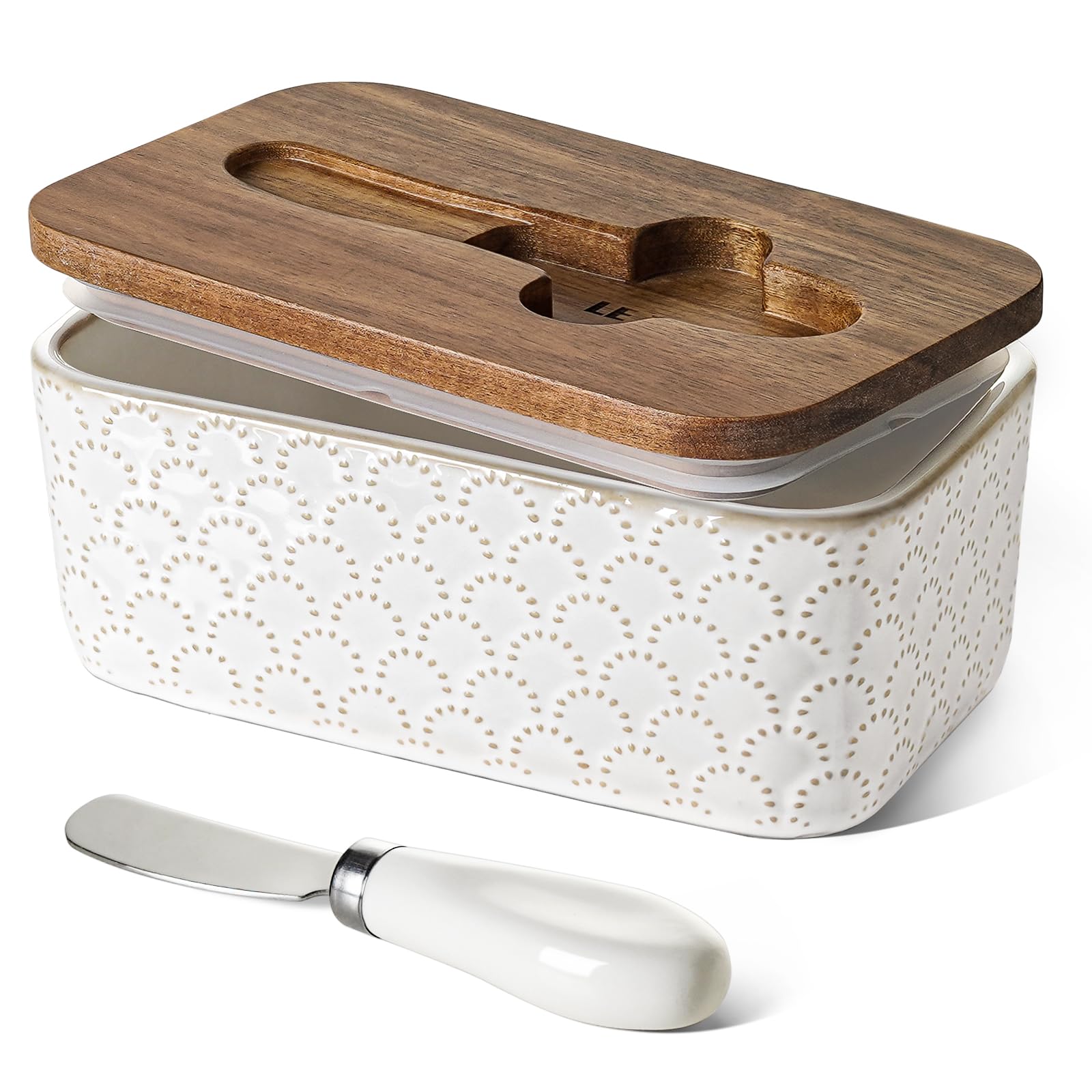 Photo 1 of LE TAUCI Butter Dish with Lid for Countertop, Ceramic Butter Container, Embossed Butter Keeper with Acacia Wood lid, Knife, and Airtight Cover, Farmhouse Decor - Set of 1, Arctic White, Fireworks