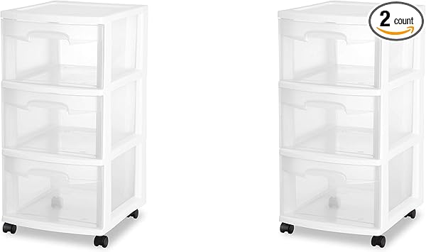 Sterilite 3 Drawer Cart 2 Pack White Frame With Clear Drawers And