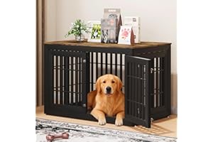 Snuowu 48" Heavy Duty Dog Crate Furniture for Small,Medium and Large Dogs,Rustic Wooden Dog Cage Kennel Indoor Furniture with Waterproof Top,Decorative Pet House Side End Table (Black & Wood)