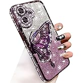 Changjia for iPhone 16 Glitter 3D Butterfly Case,Cute Luxury Bling Sparkly Diamond Rhinestone Liquid Flowing Case with Camera Lens Protector TPU Bumper Women Girls Phone Case for iPhone 16 6.1",Purple