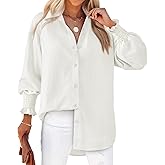 Women's Striped Button Down Shirts Long Sleeve Smocked Cuffed Oversized Boyfriend Blouses Collared Work No Pockets Tops
