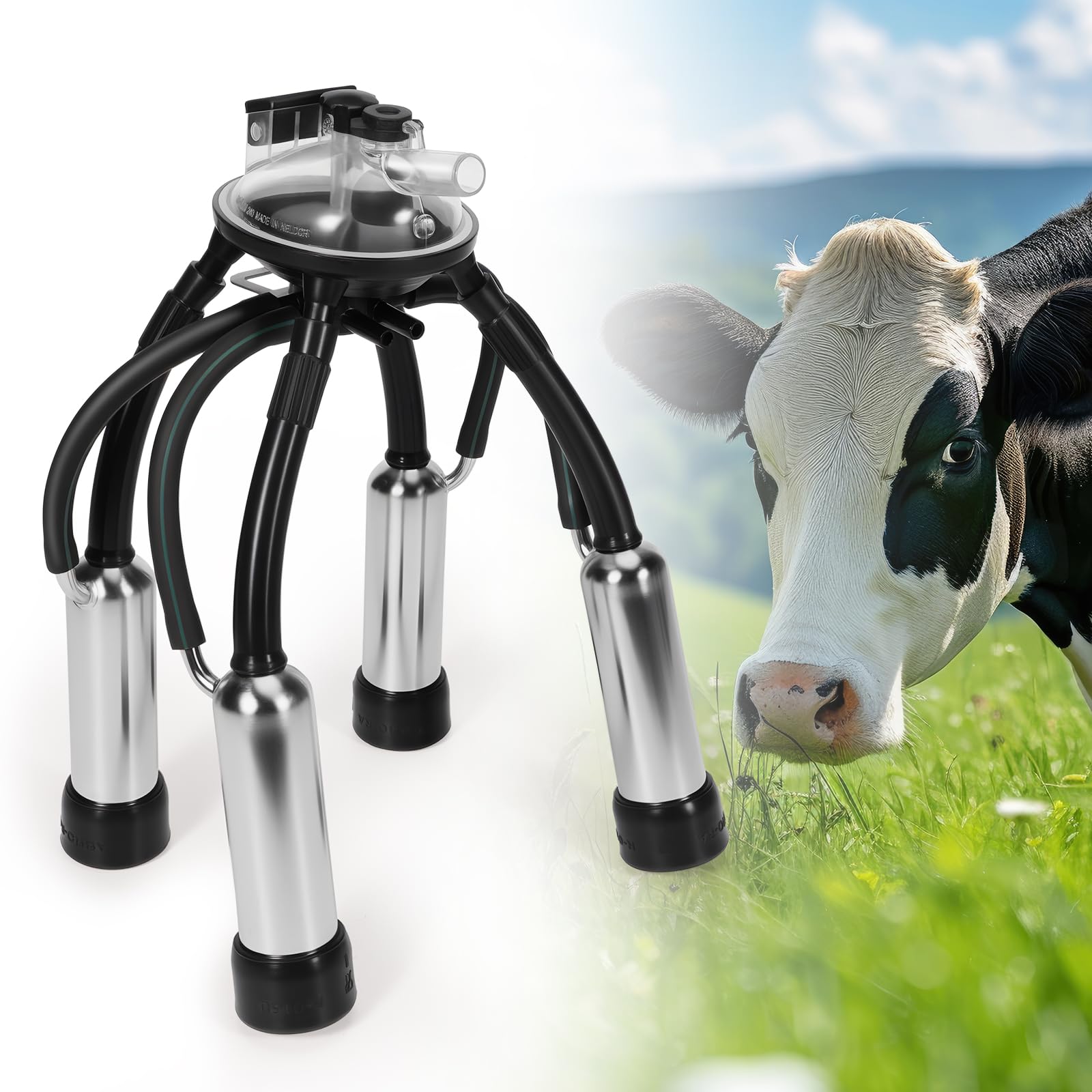 Photo 1 of Kozlira Cow Milking Cluster with 4 Teat Cups, 240CC Milk Claw for Vacuum Pump Milking Machine, Silicone Stainless Steel Milk Cup Set for Cattle, Goats, Sheep, Dairy Farm Milker Equipment