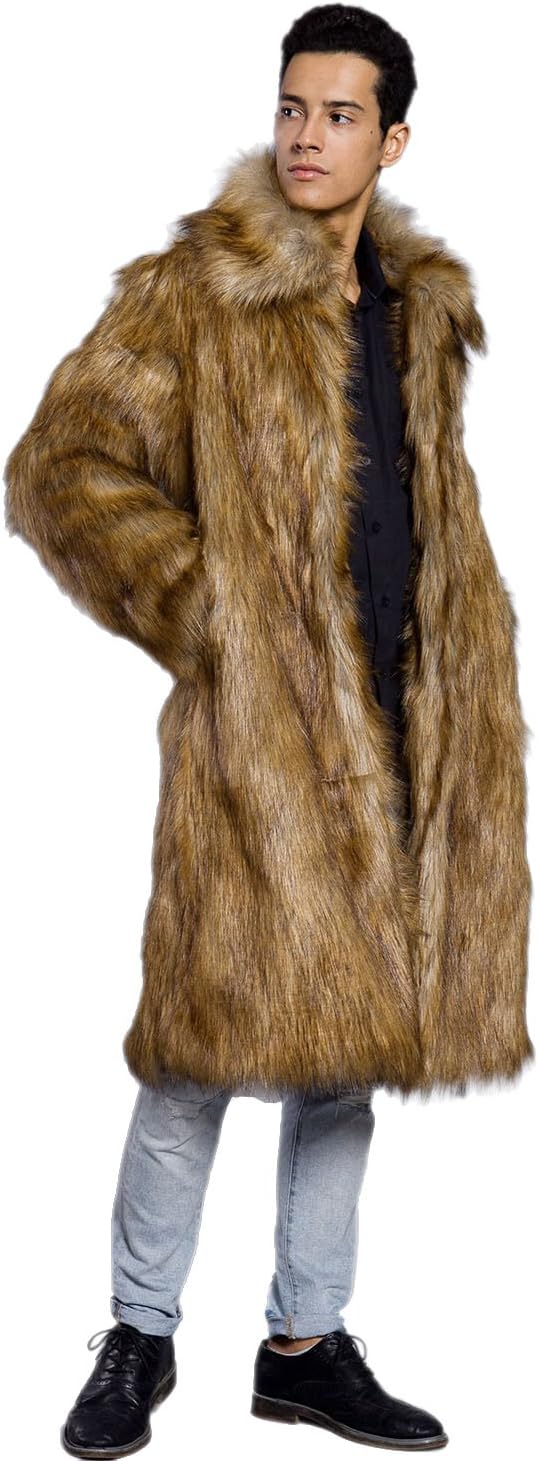Amore BridalUMREN Mens Faux Fur Coat Long Black Jacket Warm Furry Overcoat Outwear Brown XL