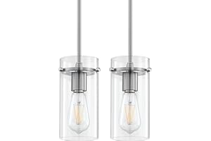 DOLAIMY HOUSE House Industrial Vintage Modern 1 Light 2 Pack Hanging Kitchen Island Rod Pendant Light Brushed Nickel Finish 4 Inch Clear Straight Glass Shade for Dining Room Bedside Dining Room Over Sink