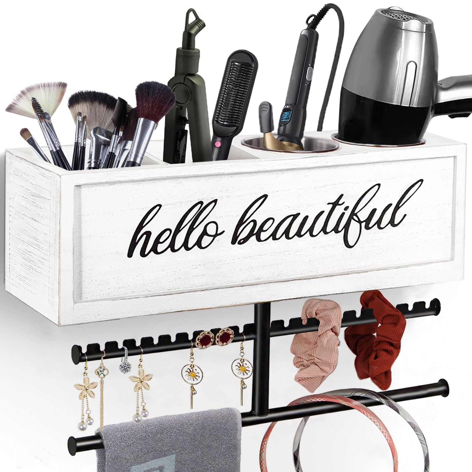 Photo 1 of Rustic Hair Dryer Holder Wall Mounted,Hair Styling Tools & Accessories Organizer,Bathroom Supplies & hot Tools vanities Organizer Caddy,for Storage Flat Iron,Blow Dryer,Curling Iron (White)