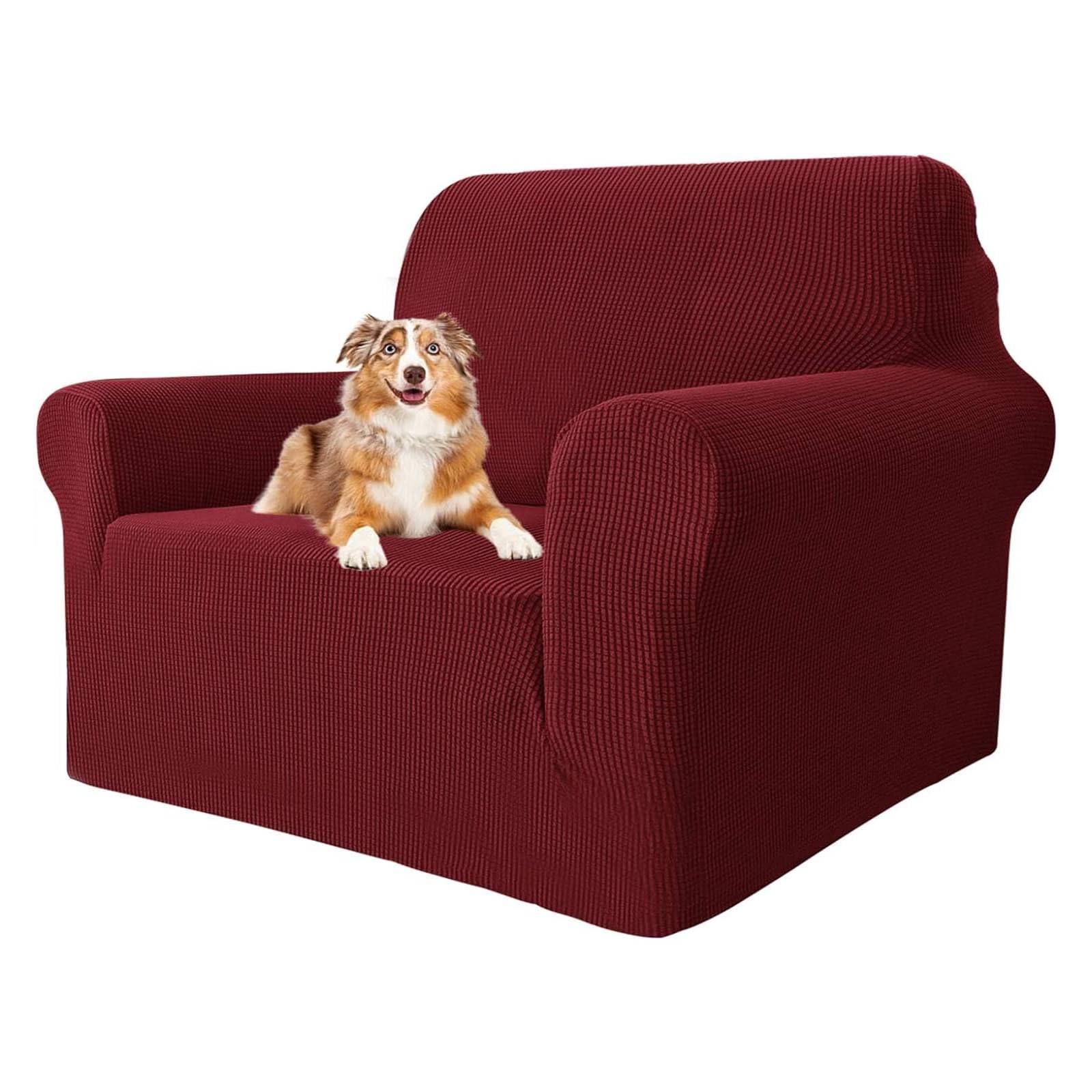 MAXIJIN Super Stretch Chair Covers for Living Room, 1-Piece Universal Chair Slipcover with Arms Jacquard Spandex Chair Protector Dogs Pet Friendly Sofa Couch Armchair Cover (1 Seater, Wine Red)