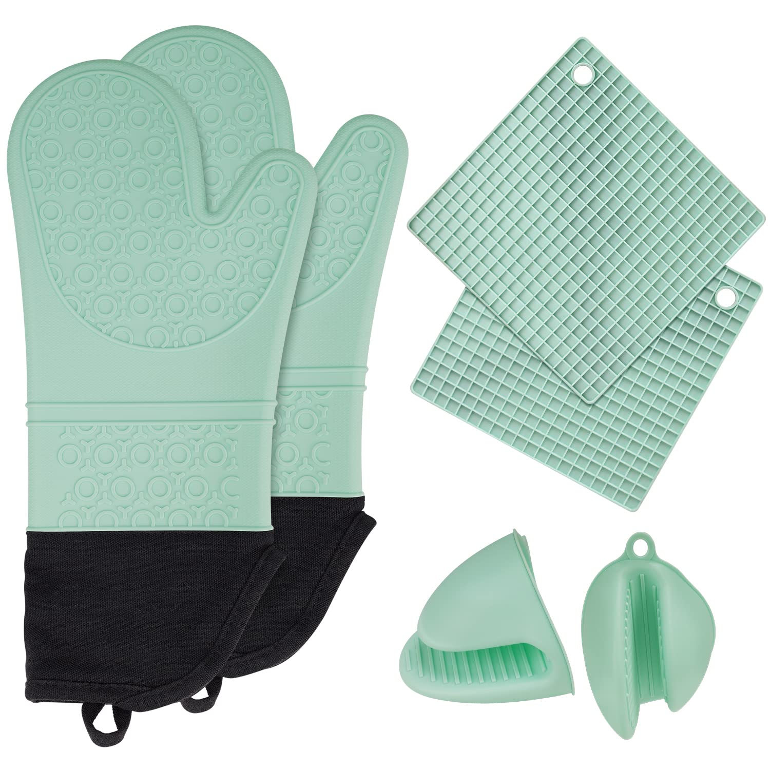 6in1 Heat Resistant Silicone Oven Gloves+ Pinch Grip Pot Holders+Trivet Set, Non-slip Textured Waterproof Kitchen Mitts w/Soft Inner Lining & XL Hand-safe Sleeve for Baking Cooking Grilling Barbecue