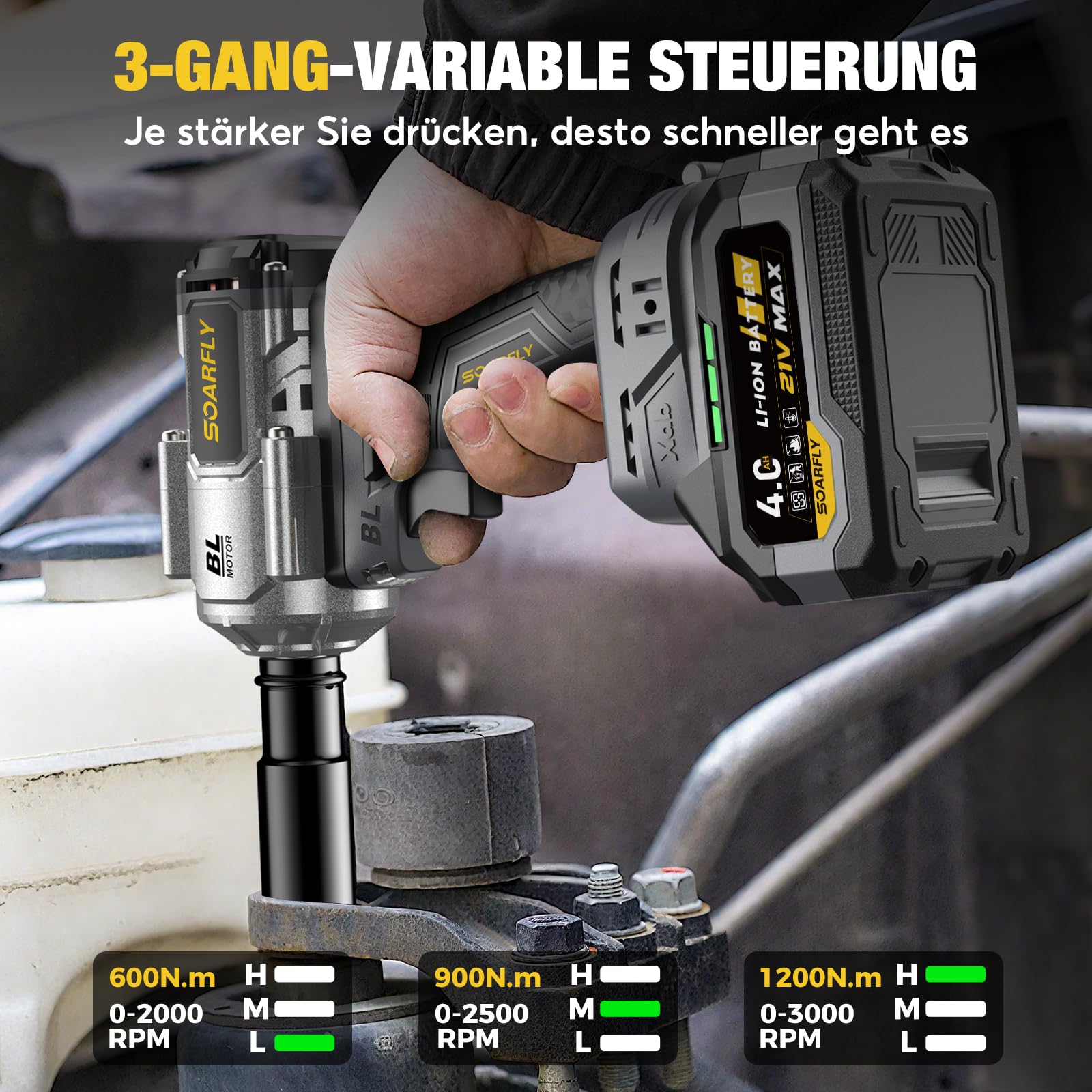 SoarFly Akku Schlagschrauber, 1200 Nm (900 FT-LBS), 1/2-Zoll-Schlagschrauber mit hohem Drehmoment, bürstenloser Motor, 2x4.0Ah Akku, 3 Geschwindigkeitsstufen, für Reifenwechsel und Kfz-Wartung 7