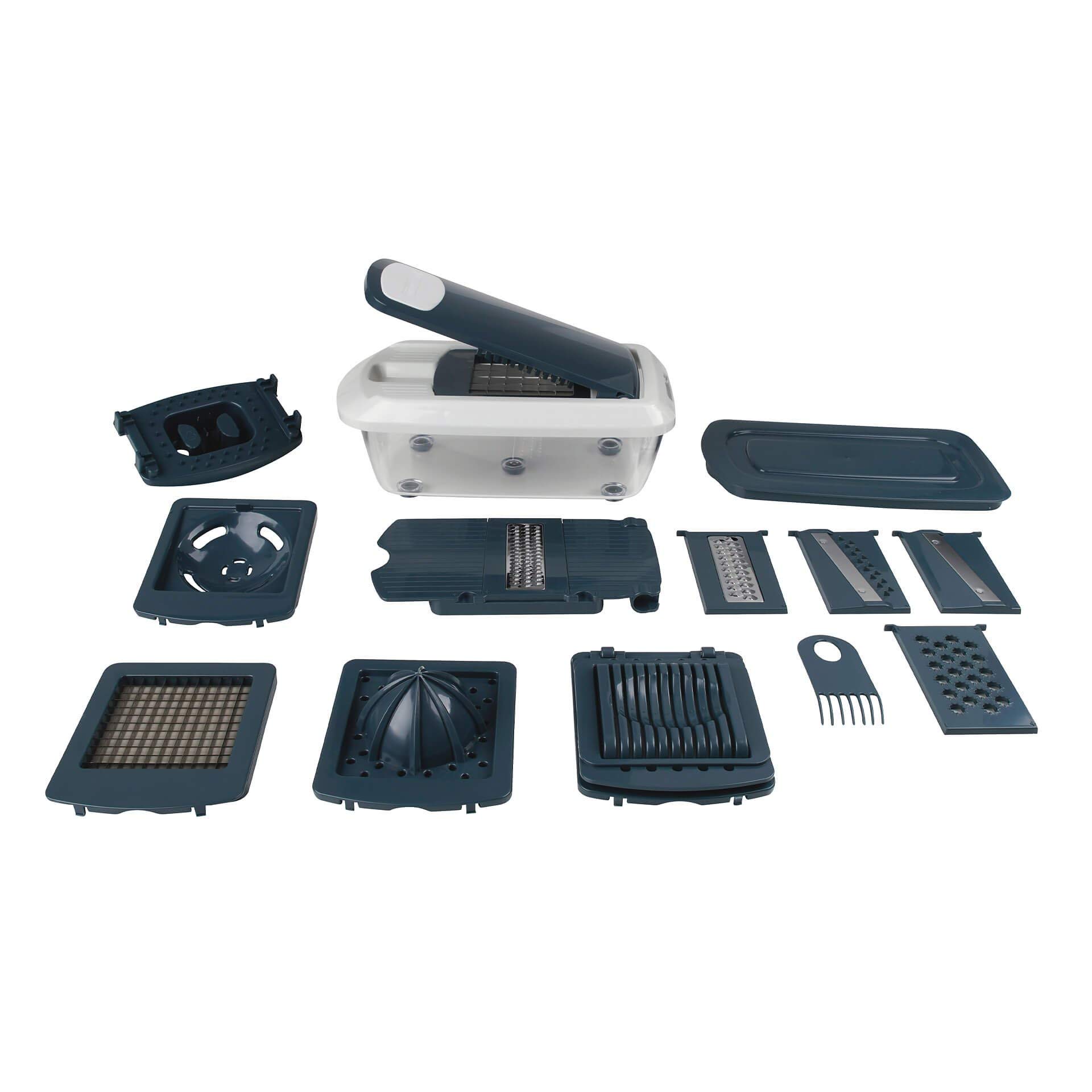 FACKELMANN Kitchen Grater with Container and Lid- Stainless - Professional - Manual Vegetable and Potato Slicer in Dice, Slices and Julienne - White and Yolk Separator - Cuts Boiled Eggs