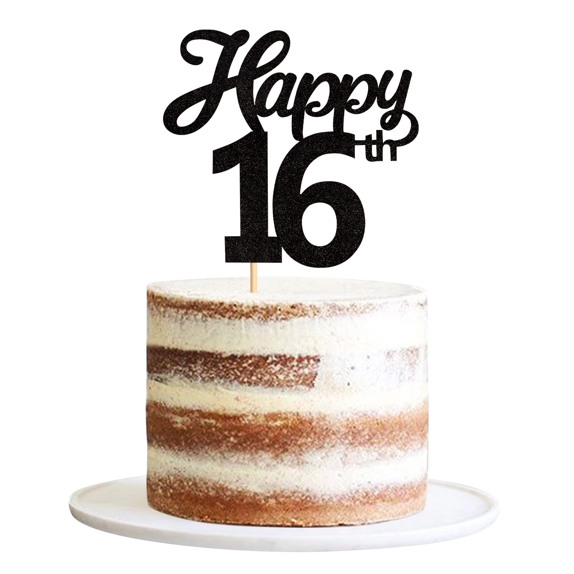 Blumomon 3Pcs Happy 16th Cake Topper Black Glitter Number 16 Sixteen Birthday Cake Pick Decorations for Cheers to 16 Years Old 16th Birthday Wedding Anniversary Party Supplies