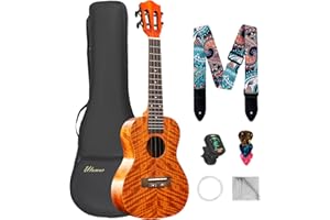 Ulumac Concert Ukulele, KOA Acacia Wood 23 inch Adults kids Professional Ukelele for Beginners, Hawaiian Ukele Kit with Replacing Strings, Tuner, Gig Bag, Strap, Guitar Pick, Cloth, Classic Style