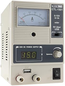 Labornetzgerät mit 2 Anzeigen Spannung 0-15V Regelbar + 5V USB Ausgang I max. 1A 15Watt Kurzschlussfest Überlastschutz