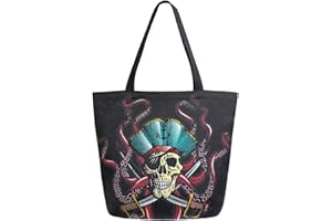 ZzWwR Chic Pirate Skull Octopus Tentacle Extra Large Canvas Shoulder Tote Top Handle Bag for Gym Beach Travel Shopping