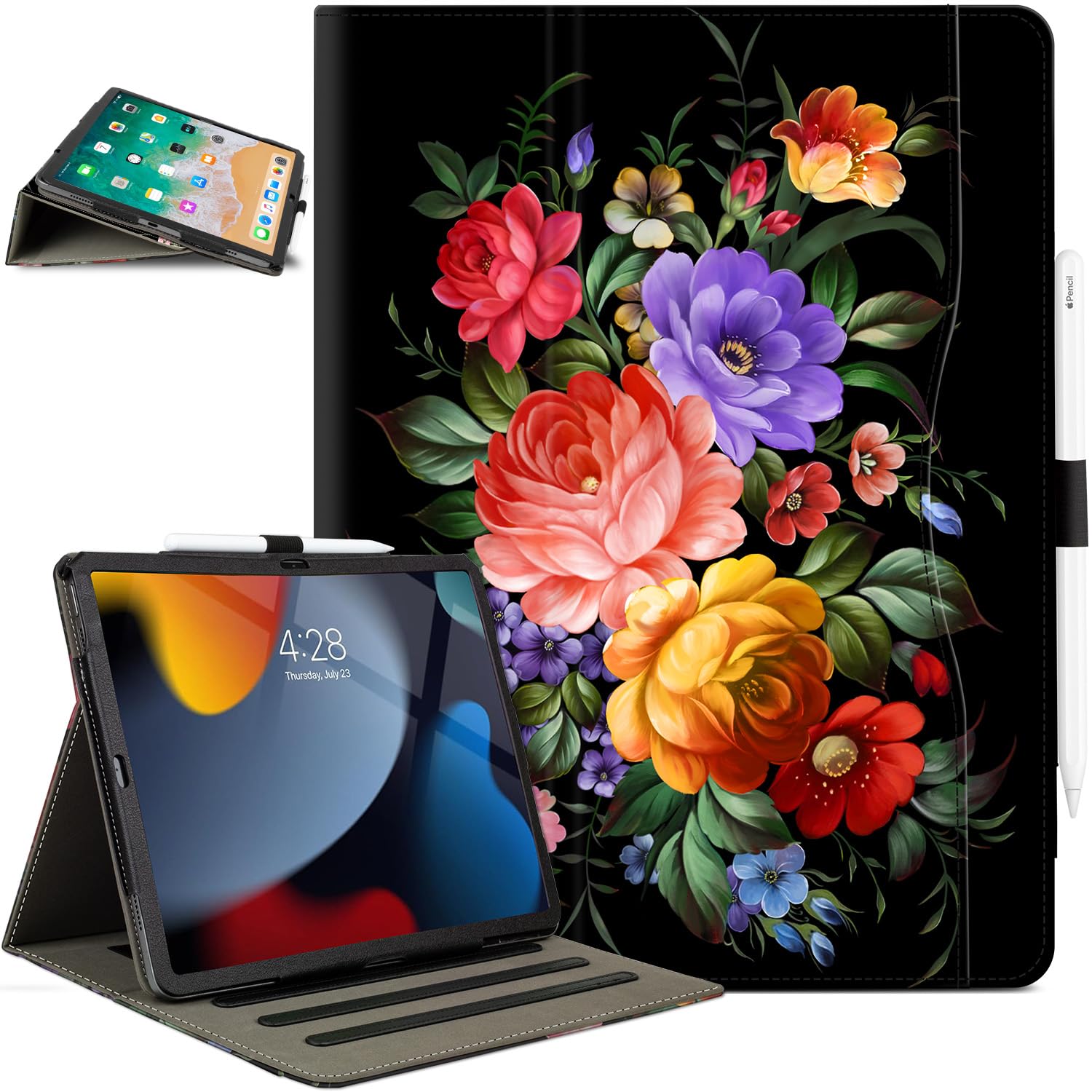 Photo 1 of Lokigo Case for iPad Pro 13 Inch (M5/M4), iPad Air 13 Inch (M4/M3/M2), iPad Pro 12.9 Inch (6th/5th/4th/3rd) Gen, Typing Stand, with Pencil Holder/Card Pocket, Auto Wake/Sleep, Black Colord Flowers