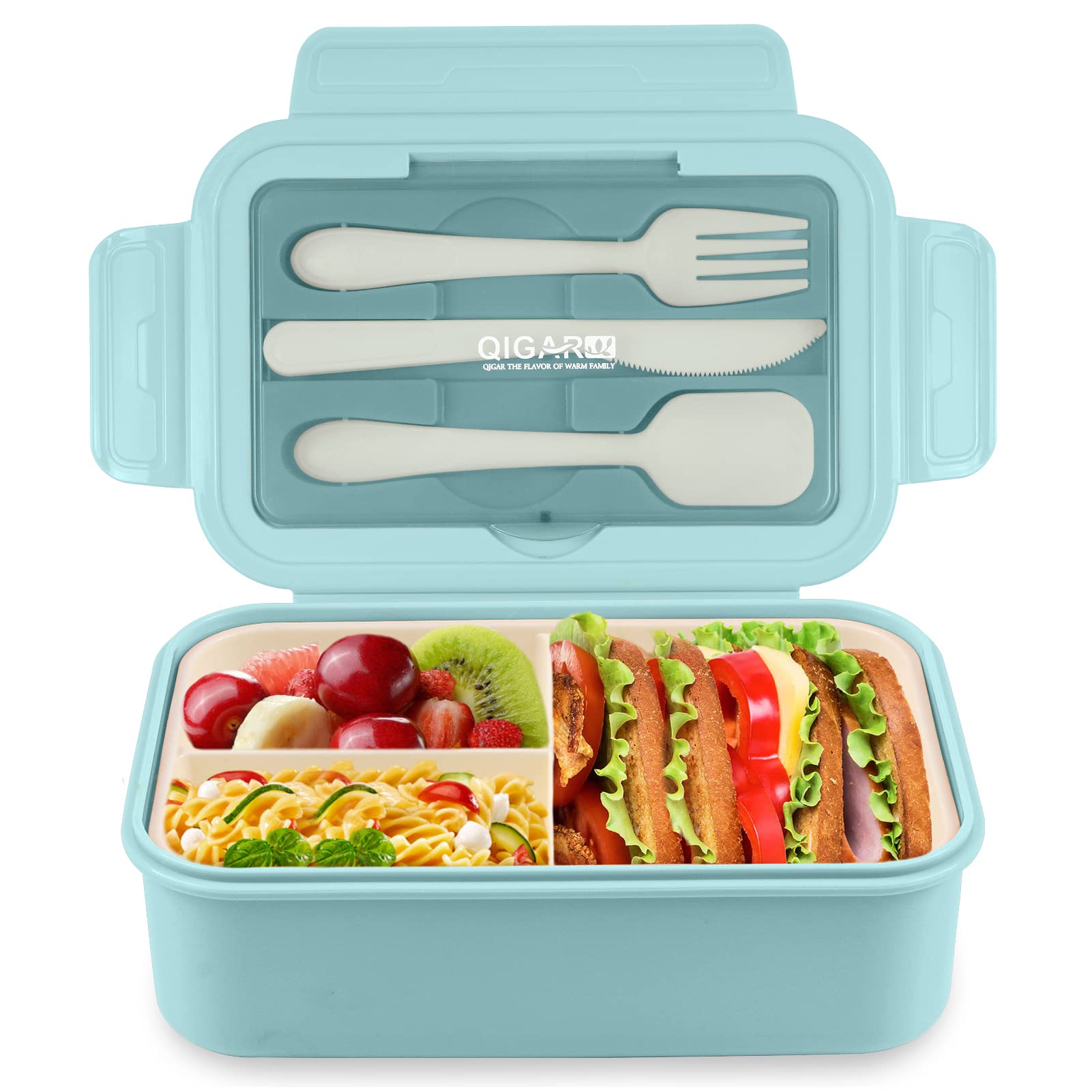 Photo 1 of NatraProw Bento Box for Adult, 1400 ML Lunch Containers for Adults, LeakProof Lunch Box with Utensils, BPA Free, 3 Compartment Bento Box Microwave Safe, Light Blue