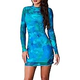 ABMOIU Sexy Print Long Sleeve Mini Dress for Women Bodycon Mock Neck 2 Piece Party Club Dresses