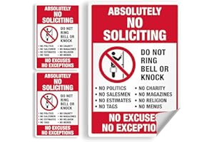 SmartSign Absolutely No Soliciting Stickers, No Excuses No Exceptions Do Not Ring Bell Knock Decals Set, Pack of 3, One 3.75"