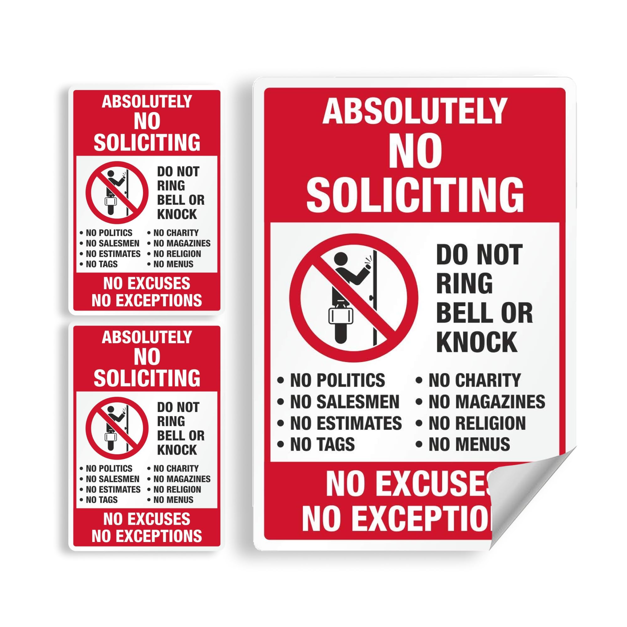Photo 1 of SmartSign Absolutely No Soliciting Stickers, No Excuses No Exceptions Do Not Ring Bell Knock Decals Set, Pack of 3, One 3.75"x5.5" & Two 2.75"x4", Made in USA